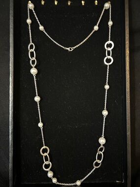 Pearl Station Silver-Tone Long Necklace - White Pearls